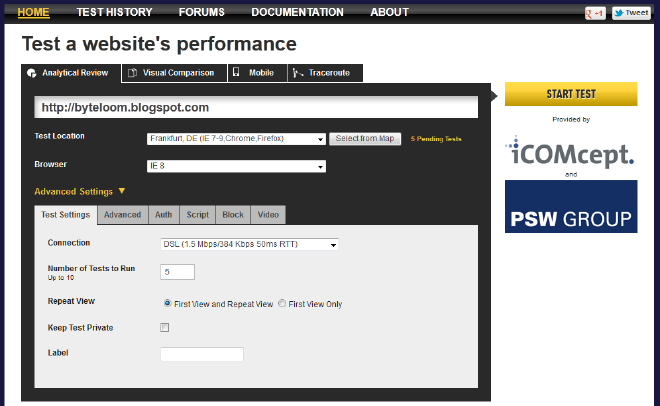 Test settings panel - basic settings