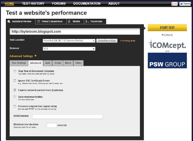 Test settings panel - advanced settings