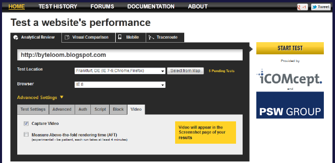 Test settings panel - video capture for page rendering