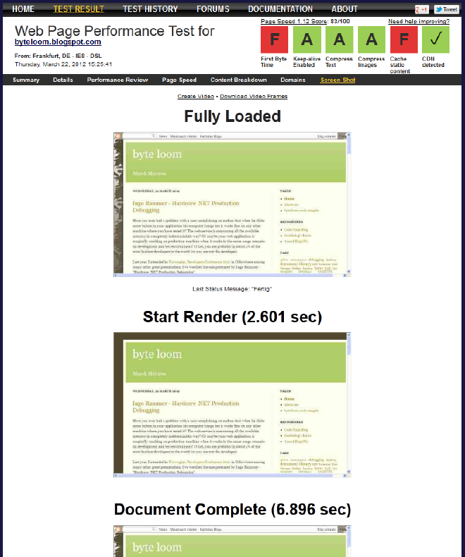 Test results - page screen shots for the next page loading steps